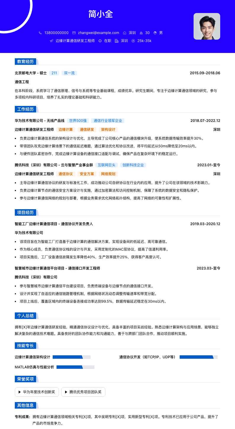 边缘计算通信研发工程师简历模板