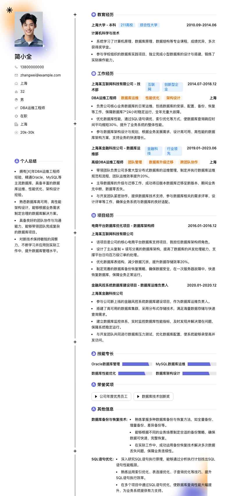 DBA运维工程师简历模板