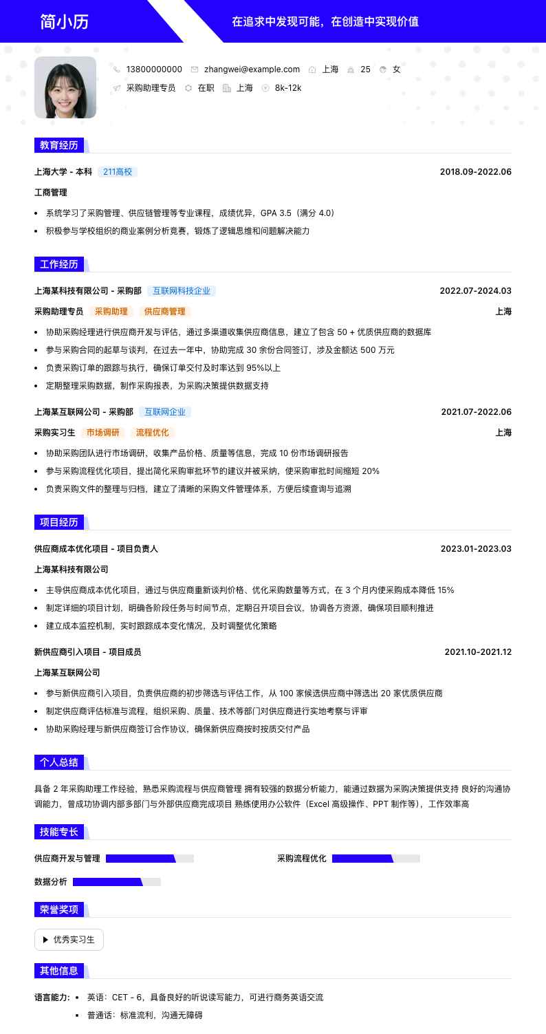 采购助理专员简历模板