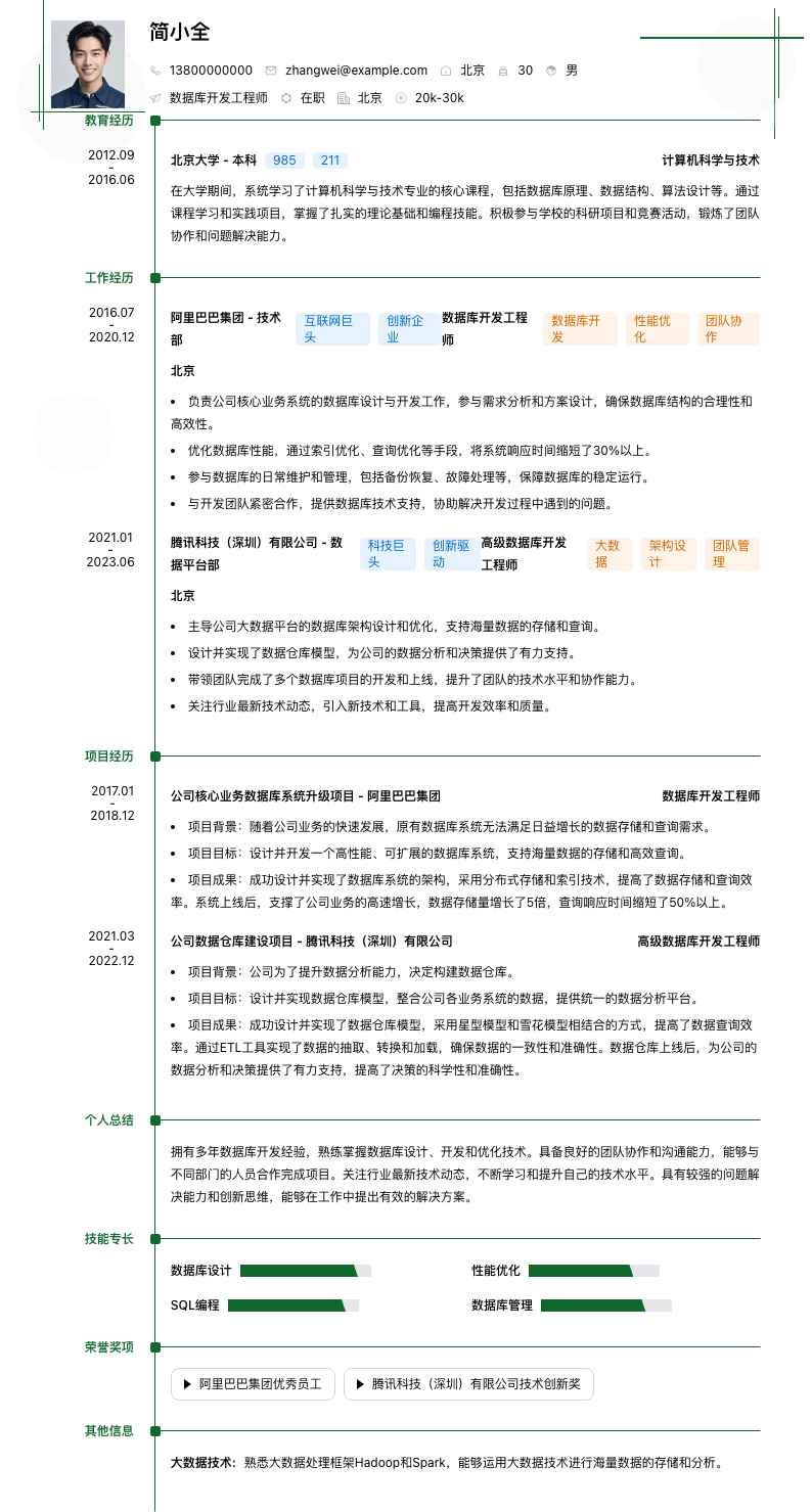 数据库开发工程师简历模板
