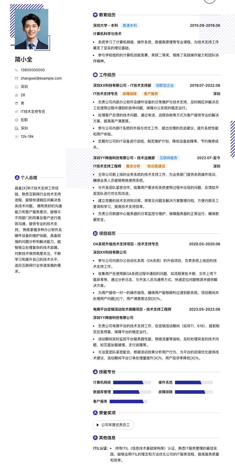 it技术支持专员简历模板