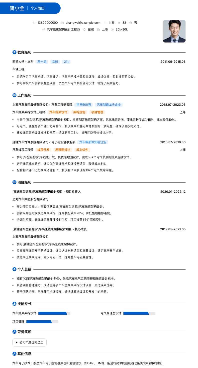汽车线束架构设计工程师简历模板