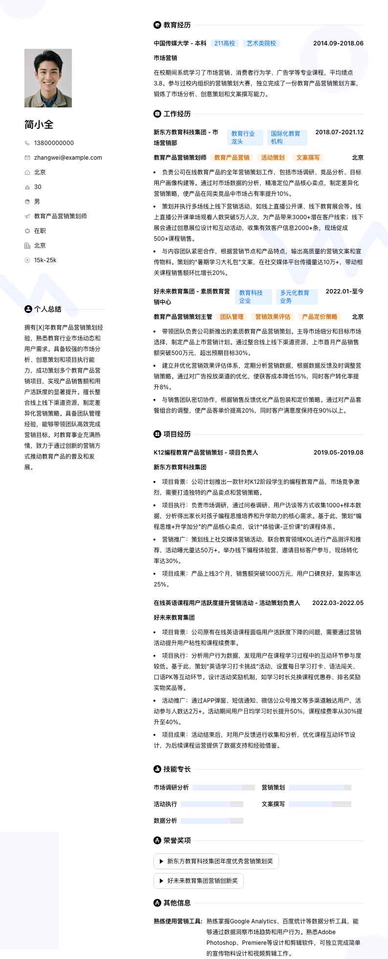 教育产品营销策划师简历模板