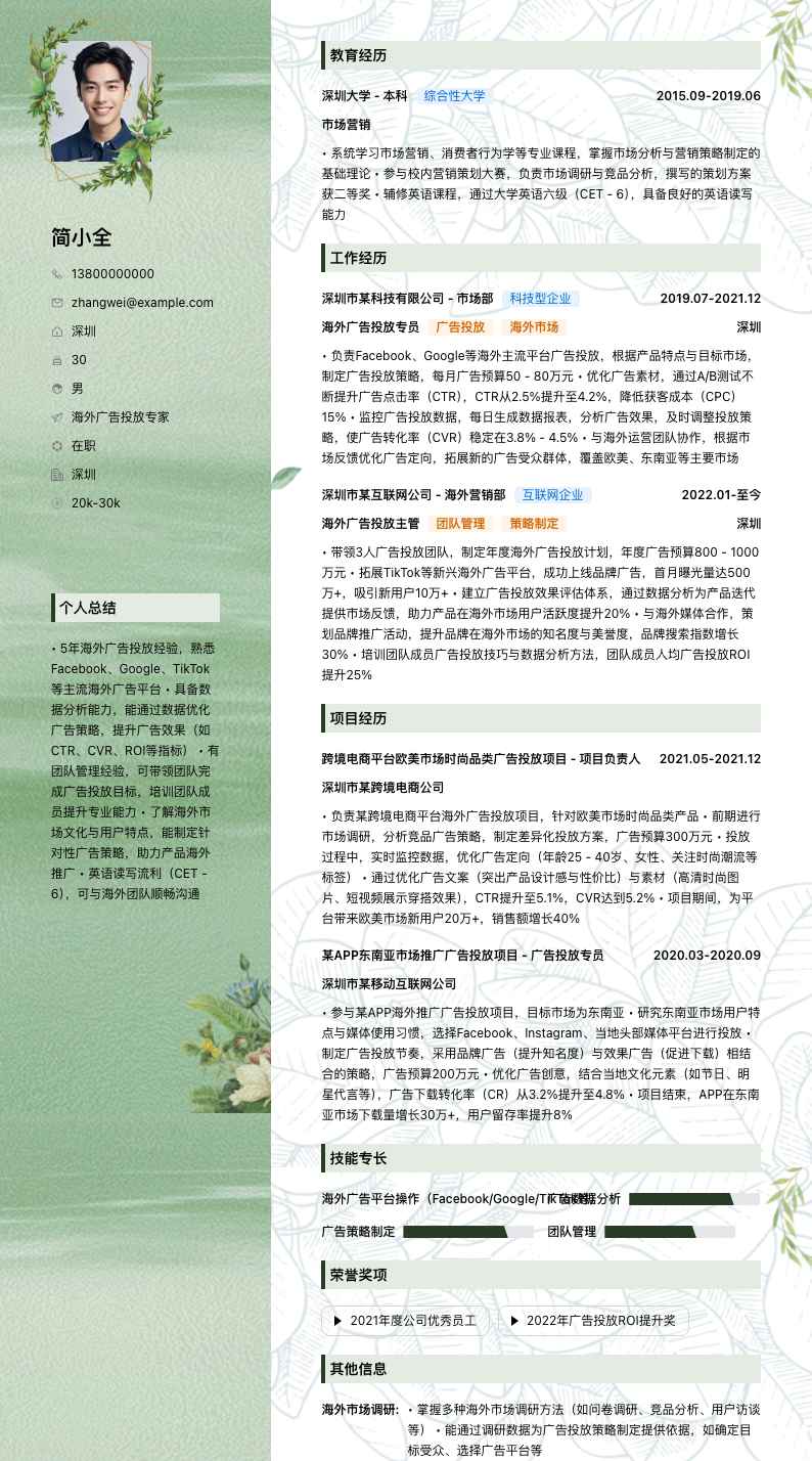 海外广告投放专家简历模板