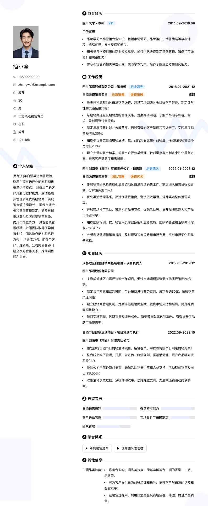 白酒渠道销售专员简历模板