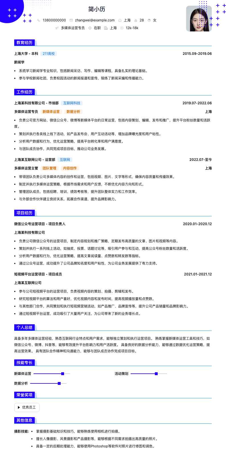 多媒体运营专员简历模板