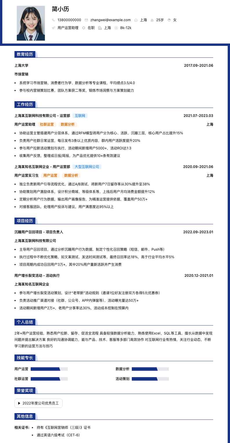 用户运营助理简历模板