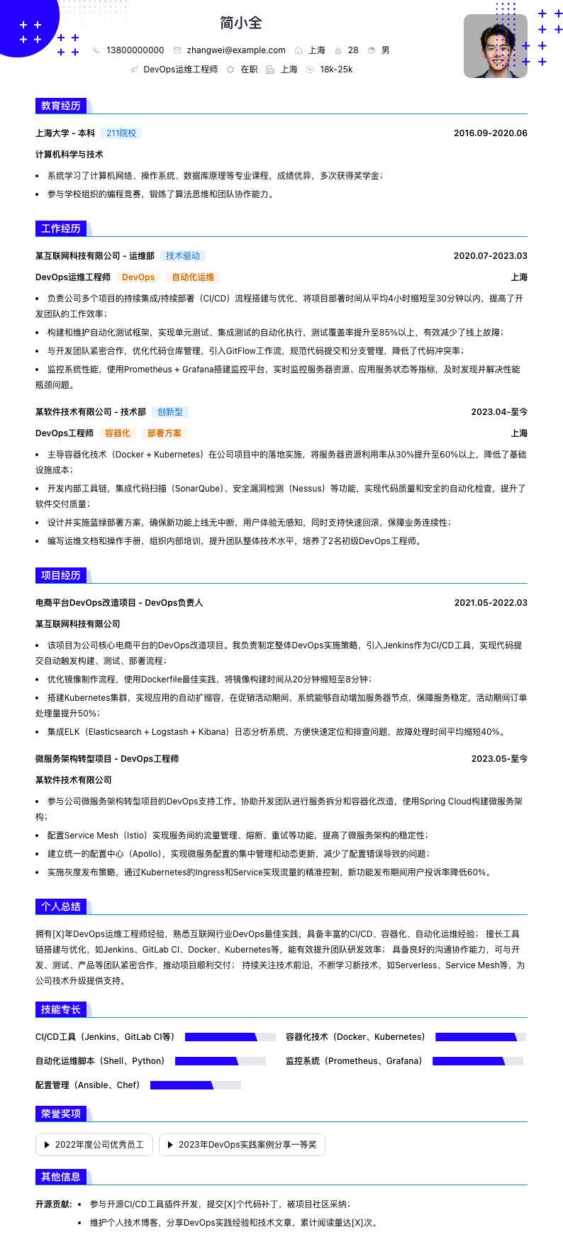 devops运维工程师简历模板