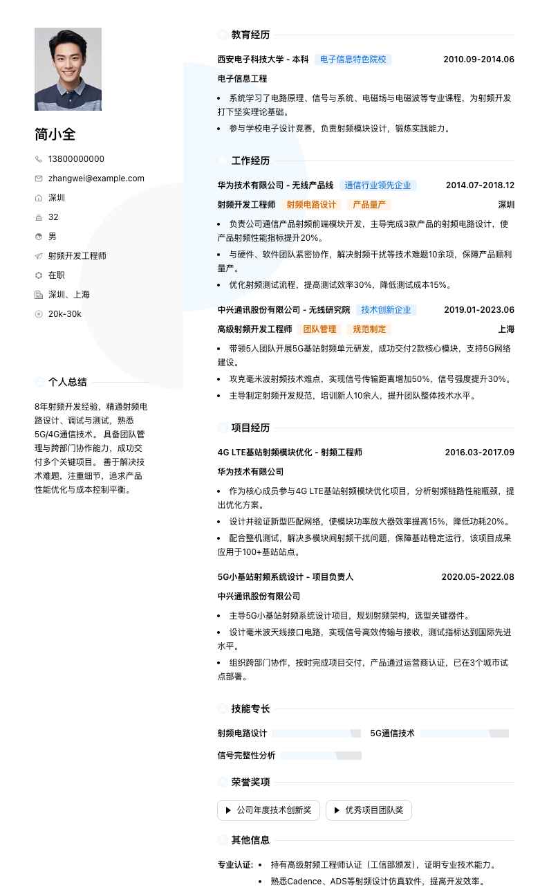 射频开发工程师简历模板