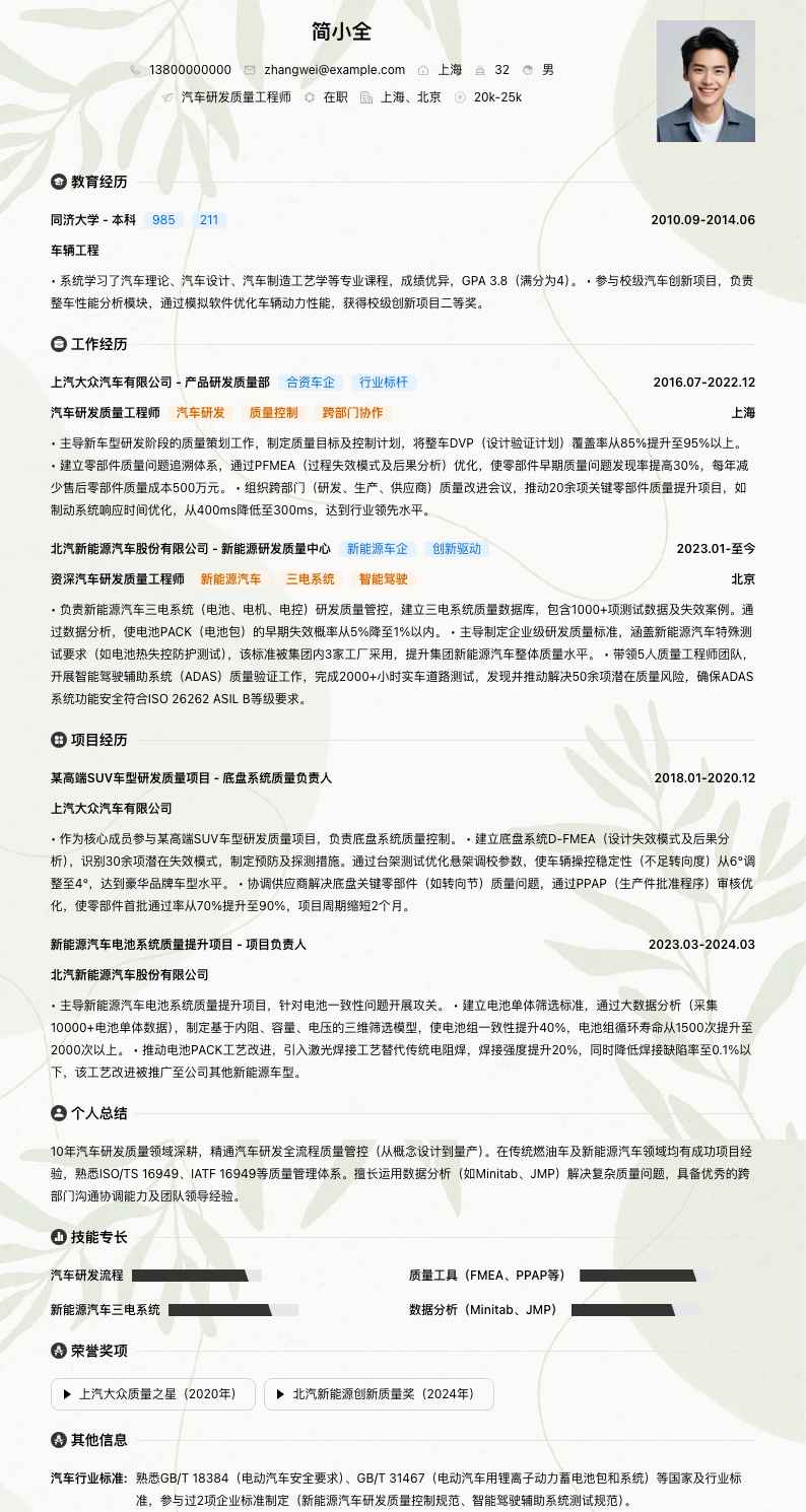 汽车研发质量工程师简历模板