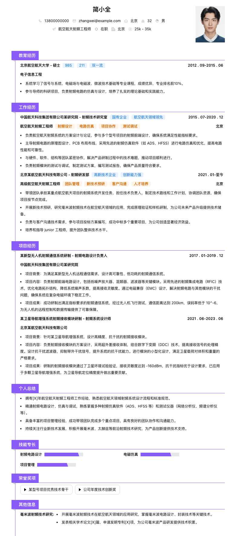 航空航天射频工程师简历模板