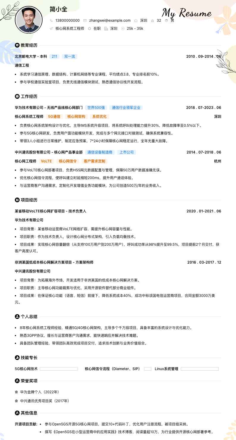 核心网系统工程师简历模板