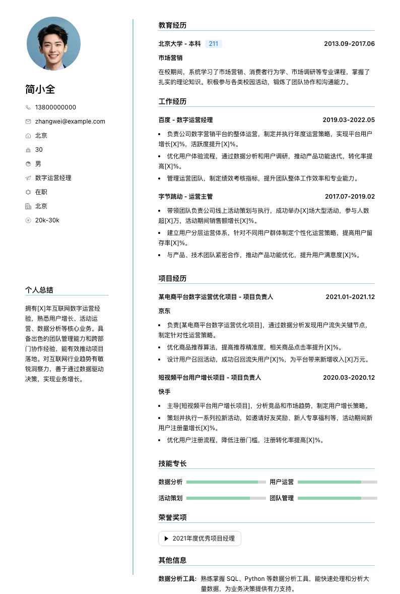 数字运营经理简历模板