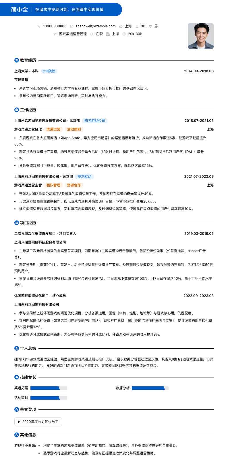 游戏渠道运营经理简历模板