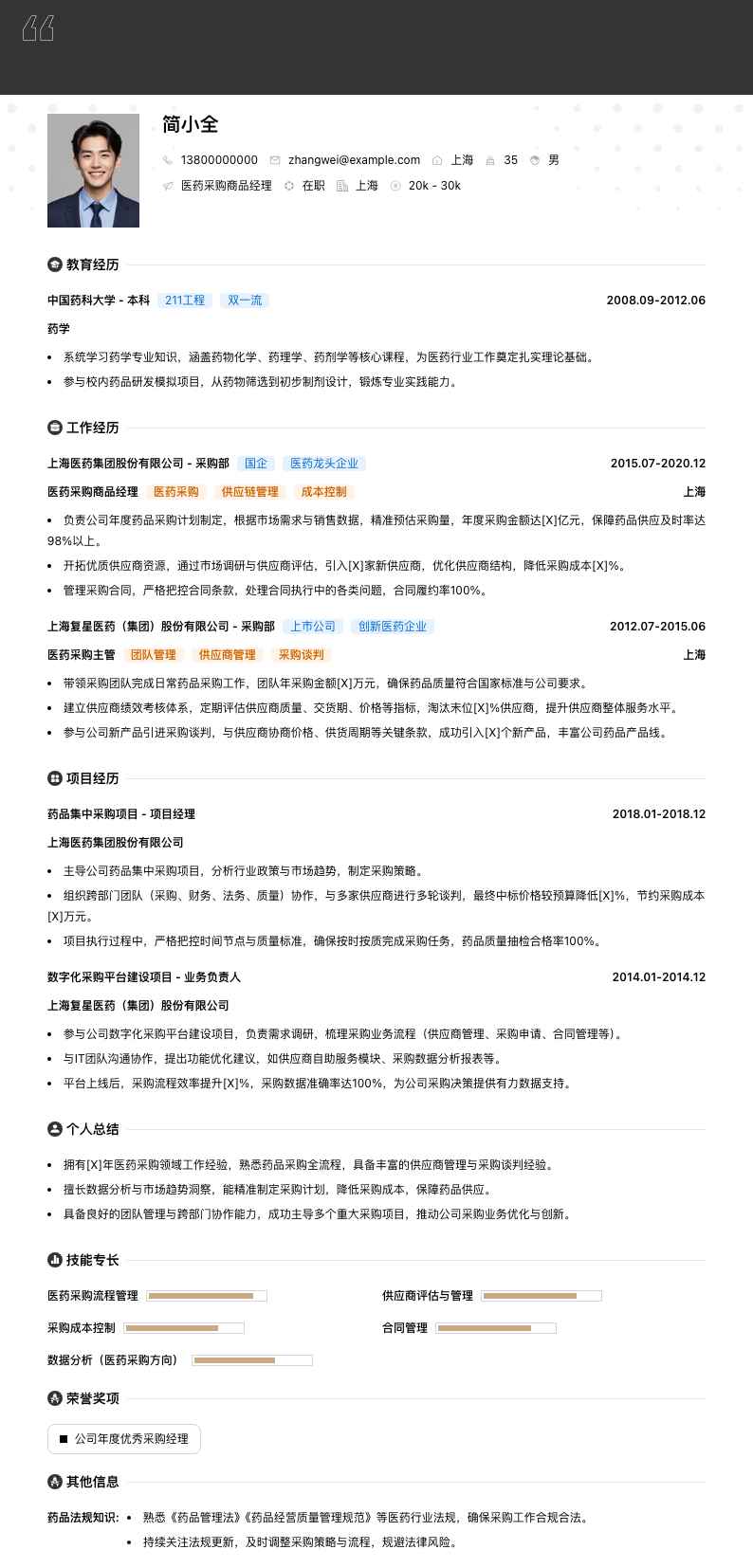 医药采购商品经理简历模板