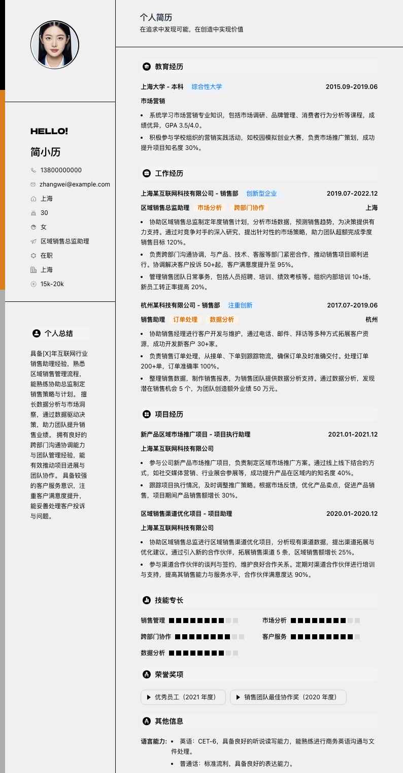 区域销售总监助理简历模板