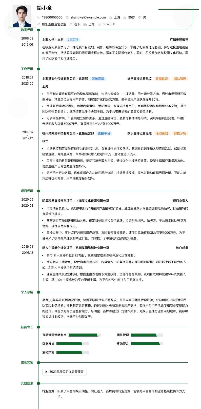 娱乐直播运营总监简历模板