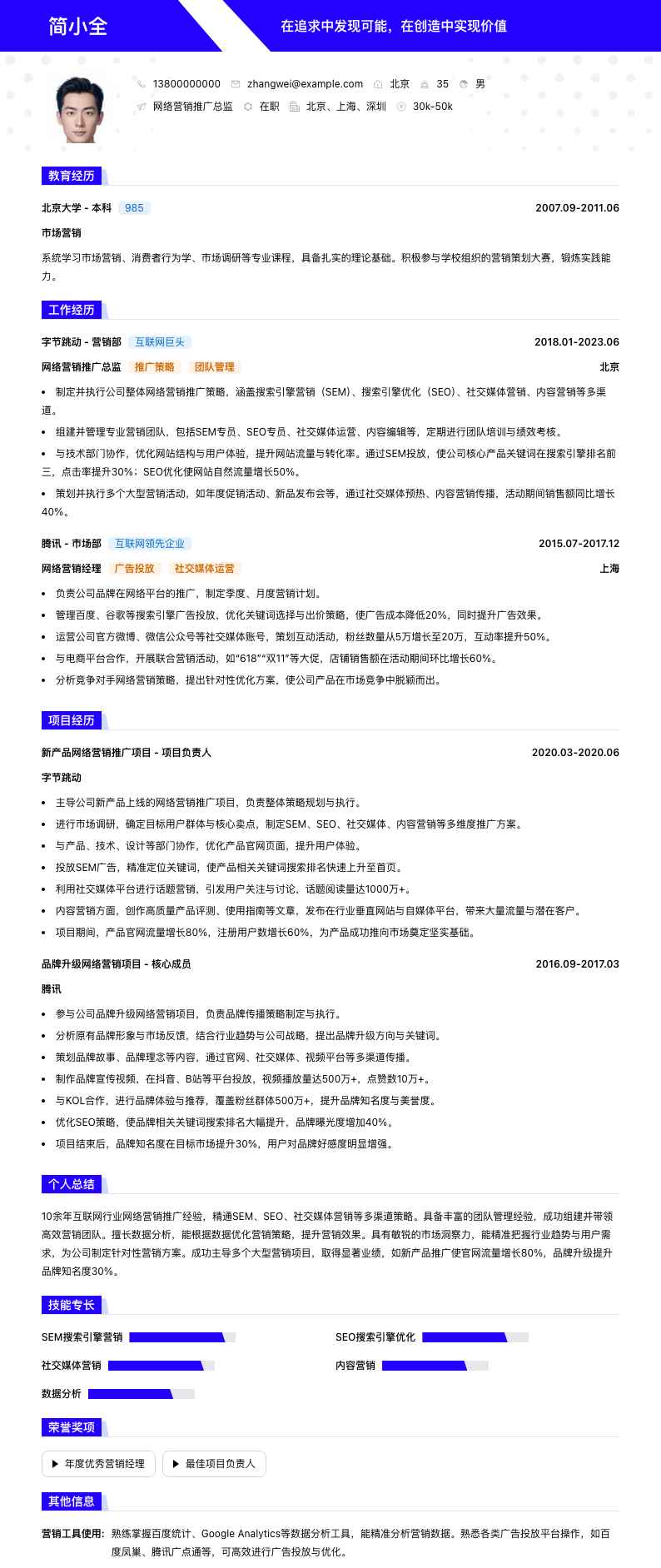 网络营销推广总监简历模板