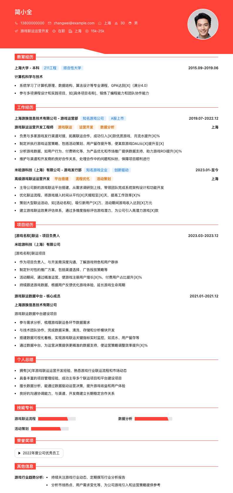 游戏联运运营简历模板