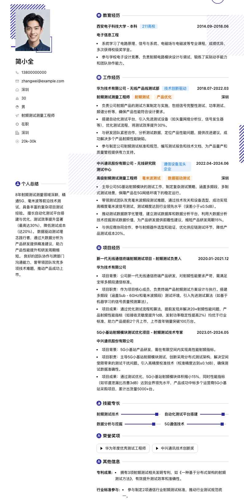 射频测试测量工程师简历模板