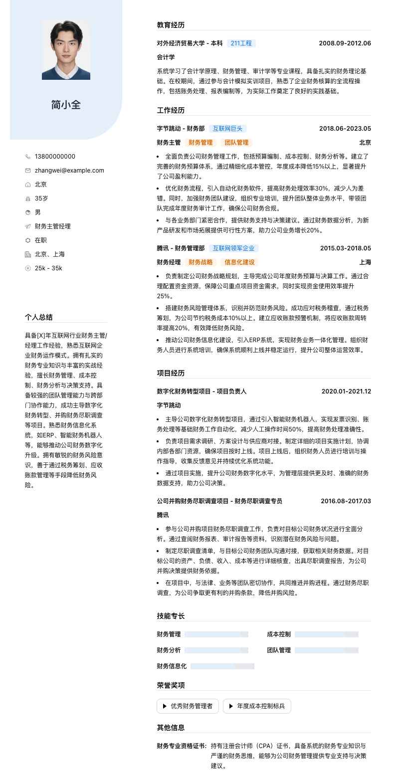 财务主管经理简历模板
