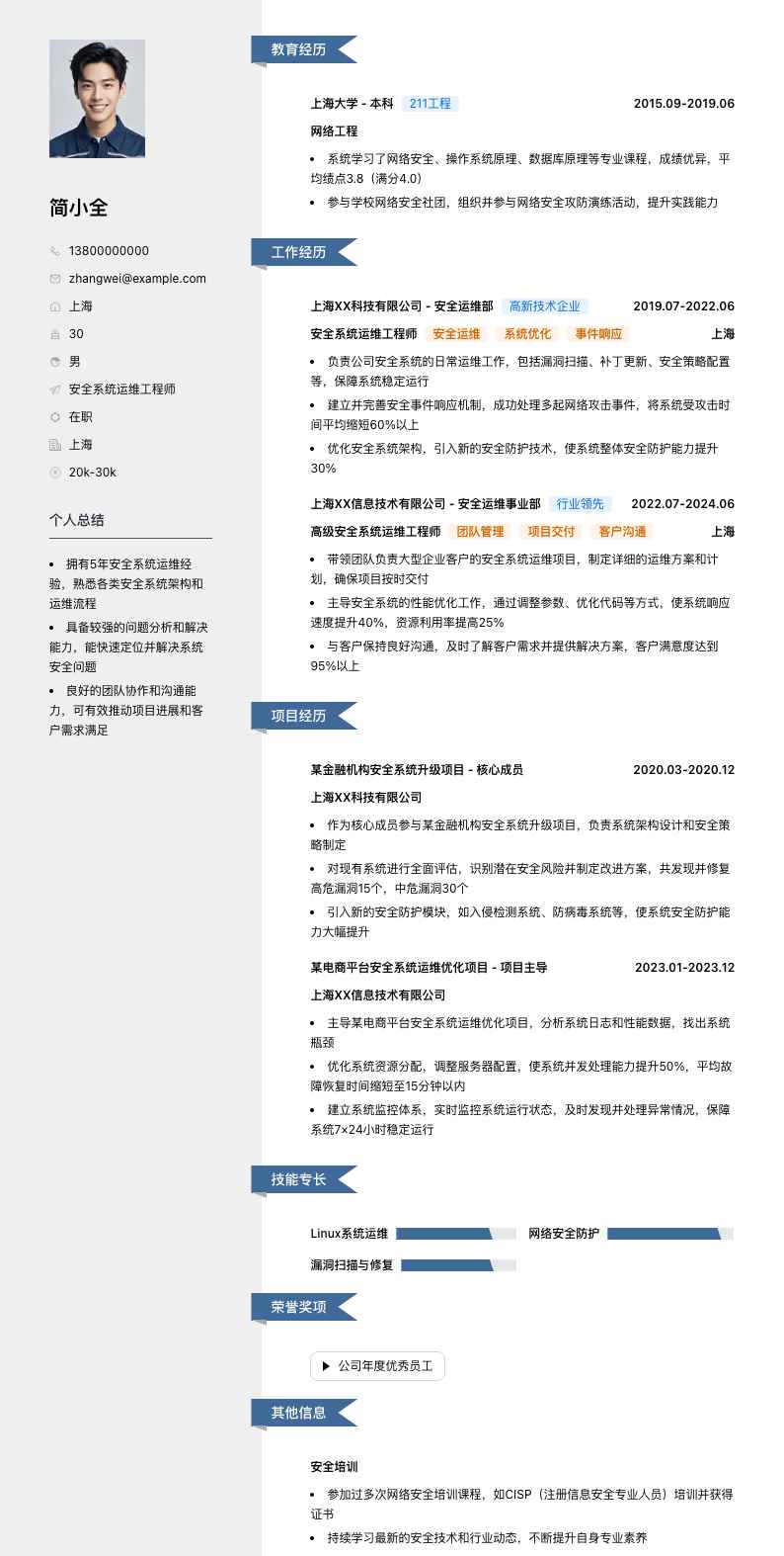 安全系统运维工程师简历模板