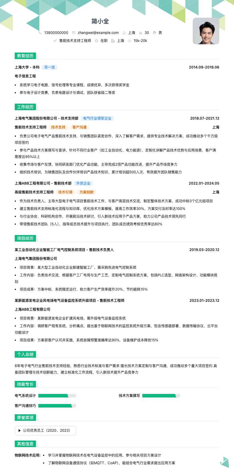 售前技术支持工程师简历模板