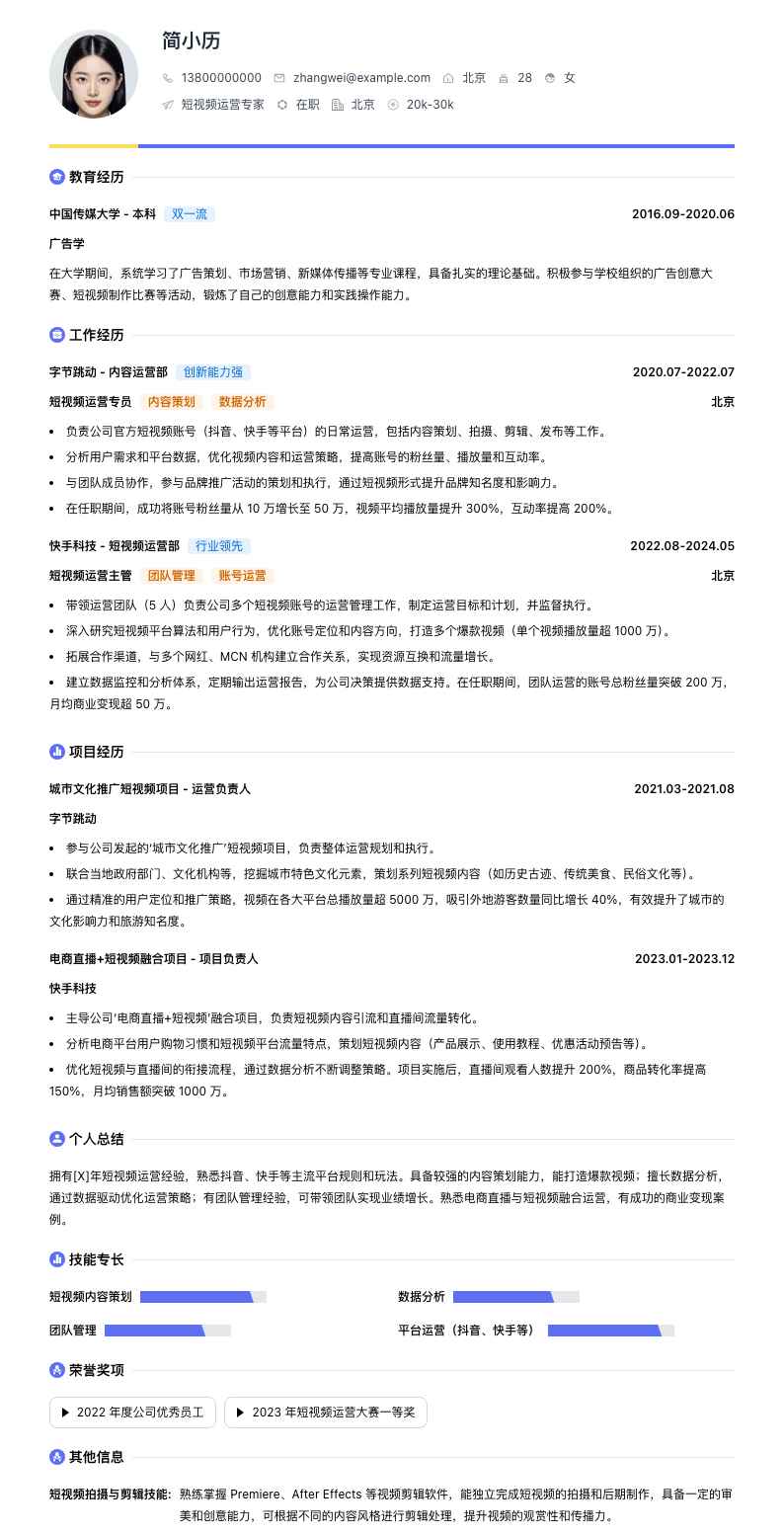 短视频运营专家简历模板