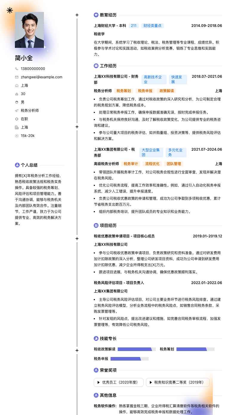 税务分析师简历模板