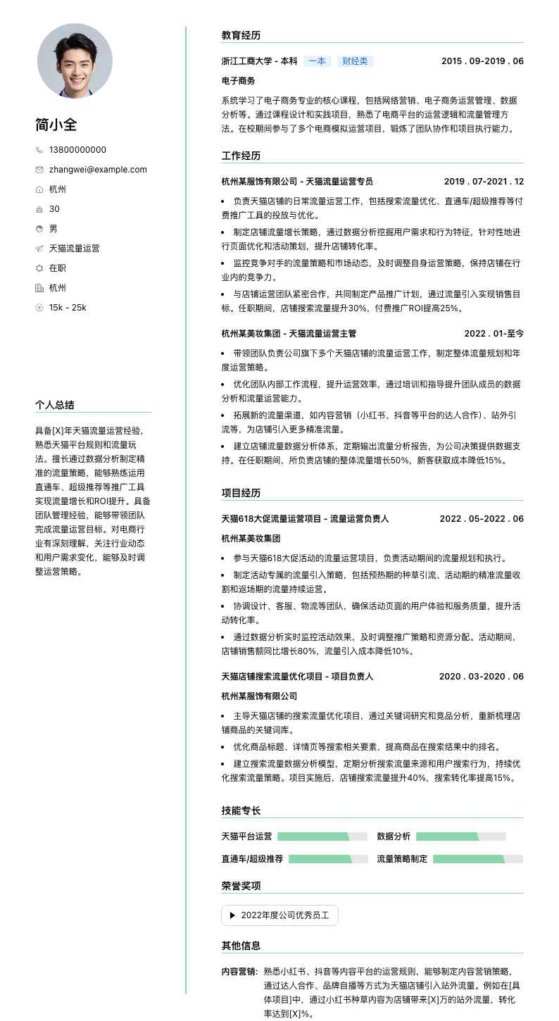 天猫流量运营简历模板