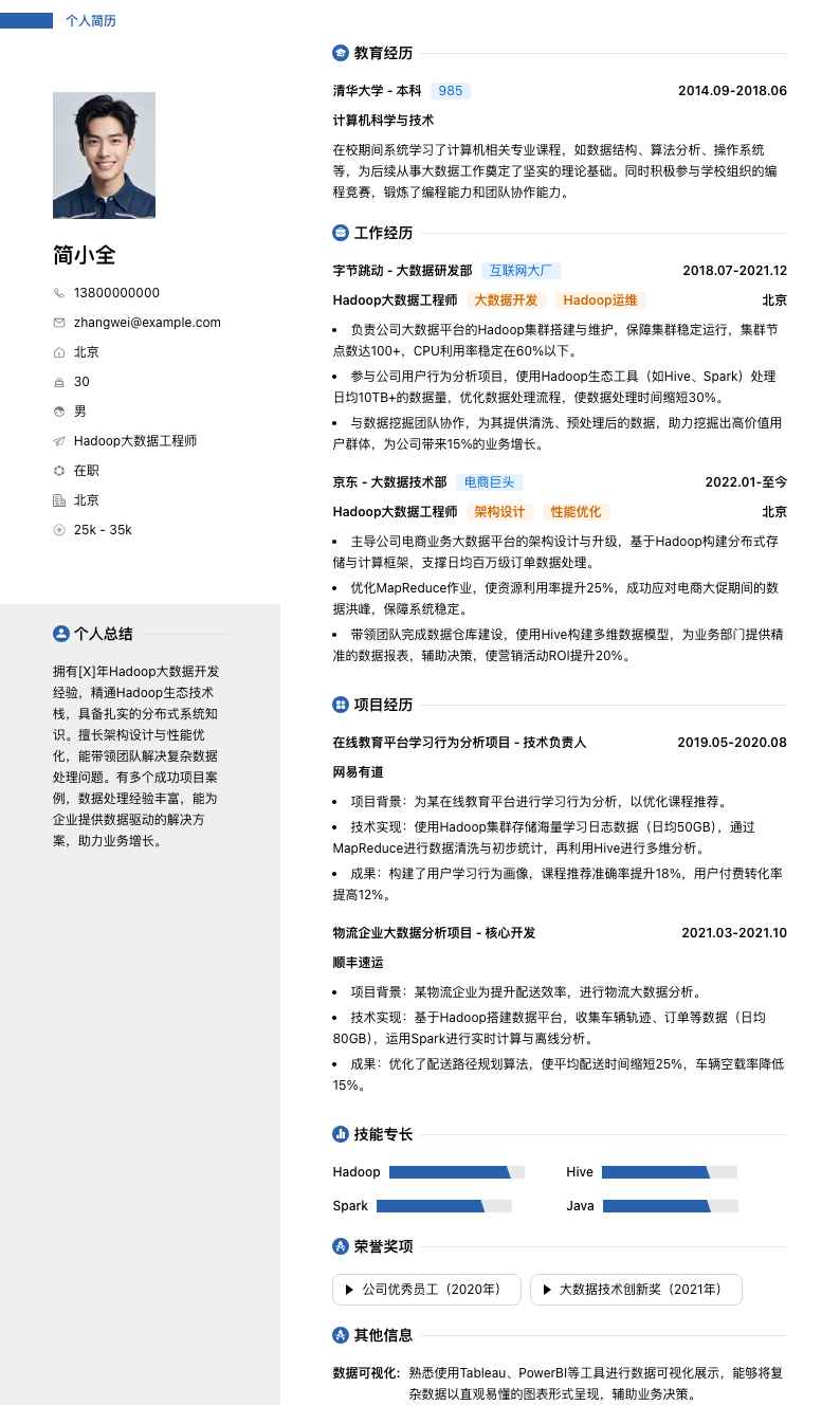 hadoop大数据工程师简历模板