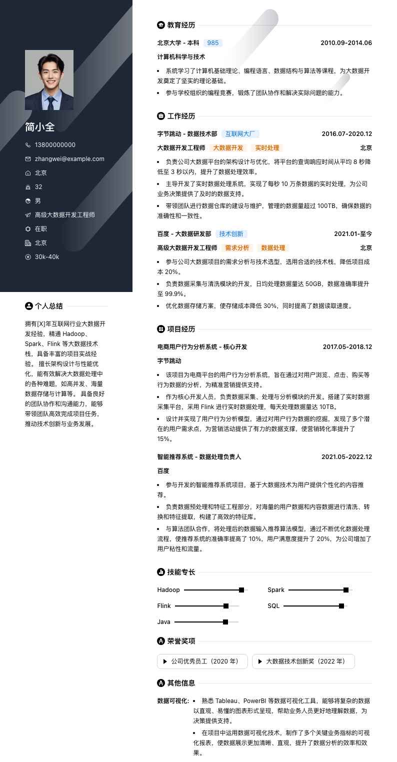 高级大数据开发工程师简历模板