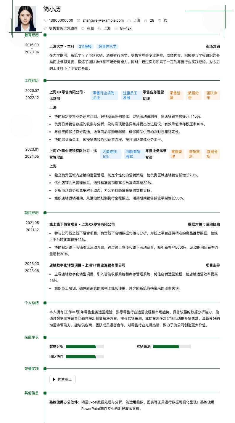 零售业务运营助理简历模板