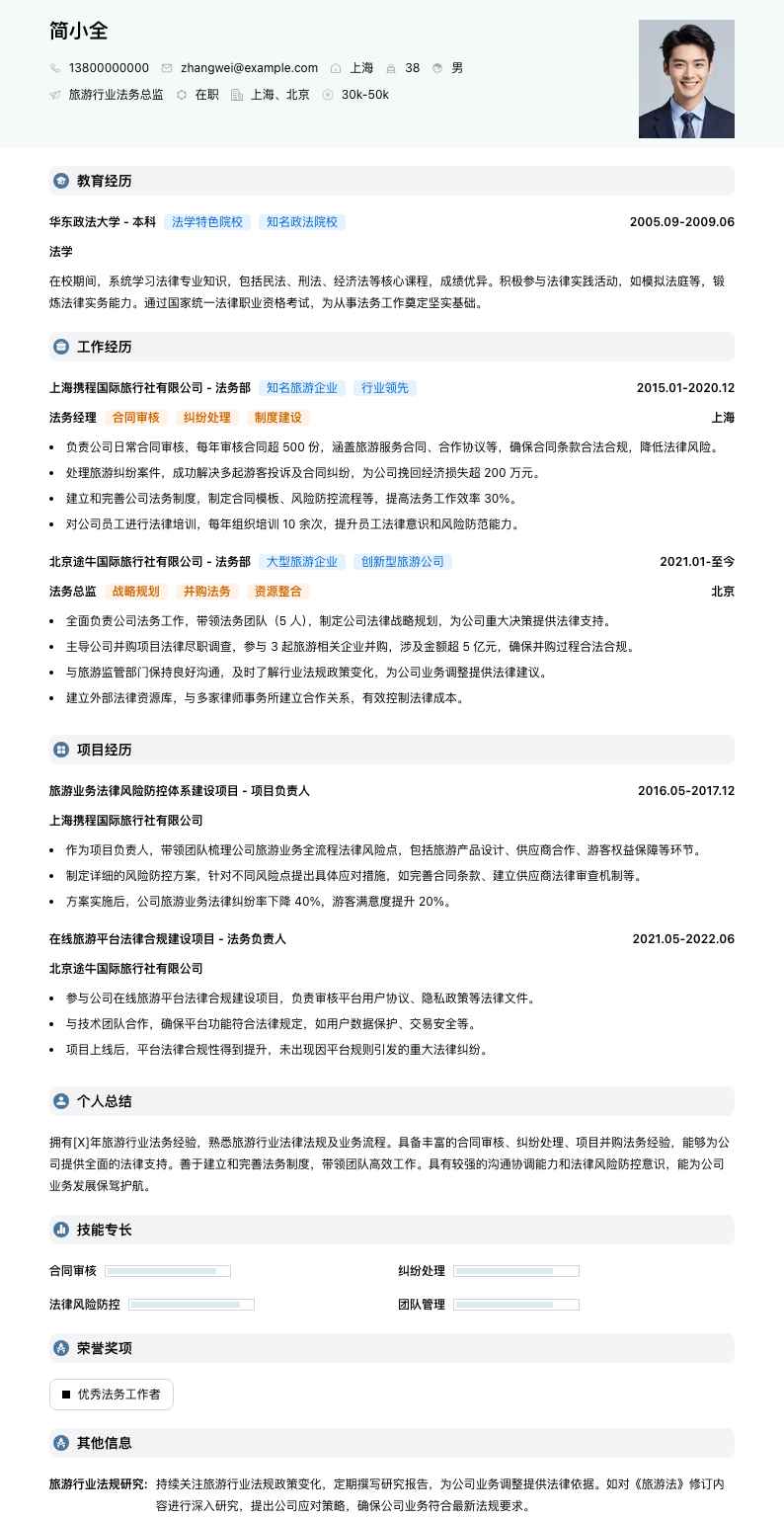 旅游行业法务总监简历模板