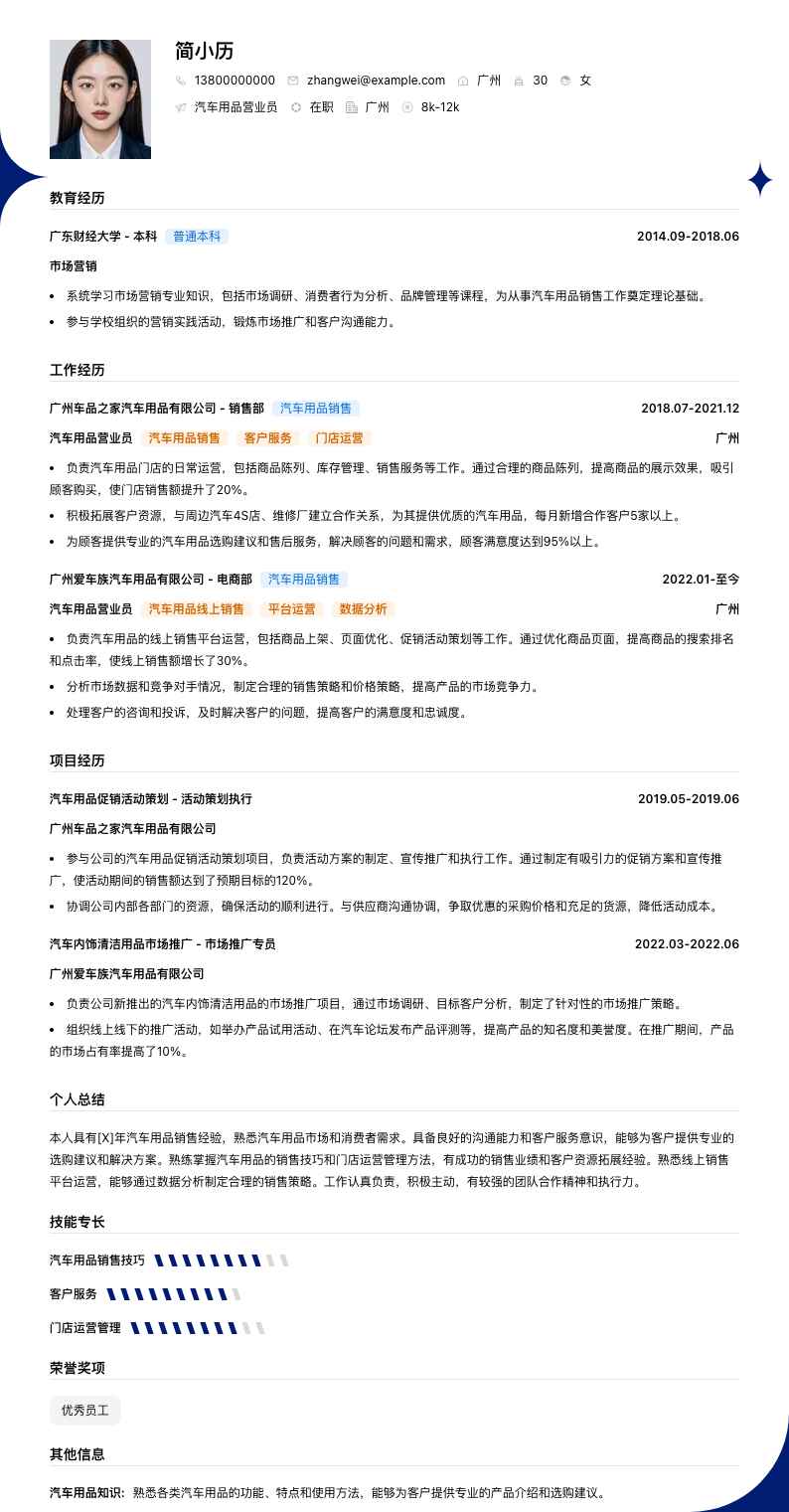 汽车用品营业员简历模板