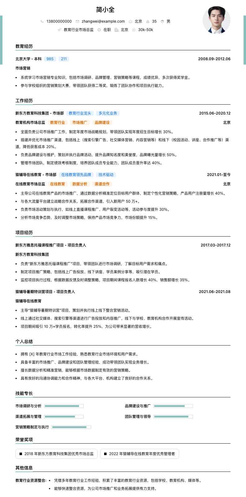 教育行业市场总监简历模板