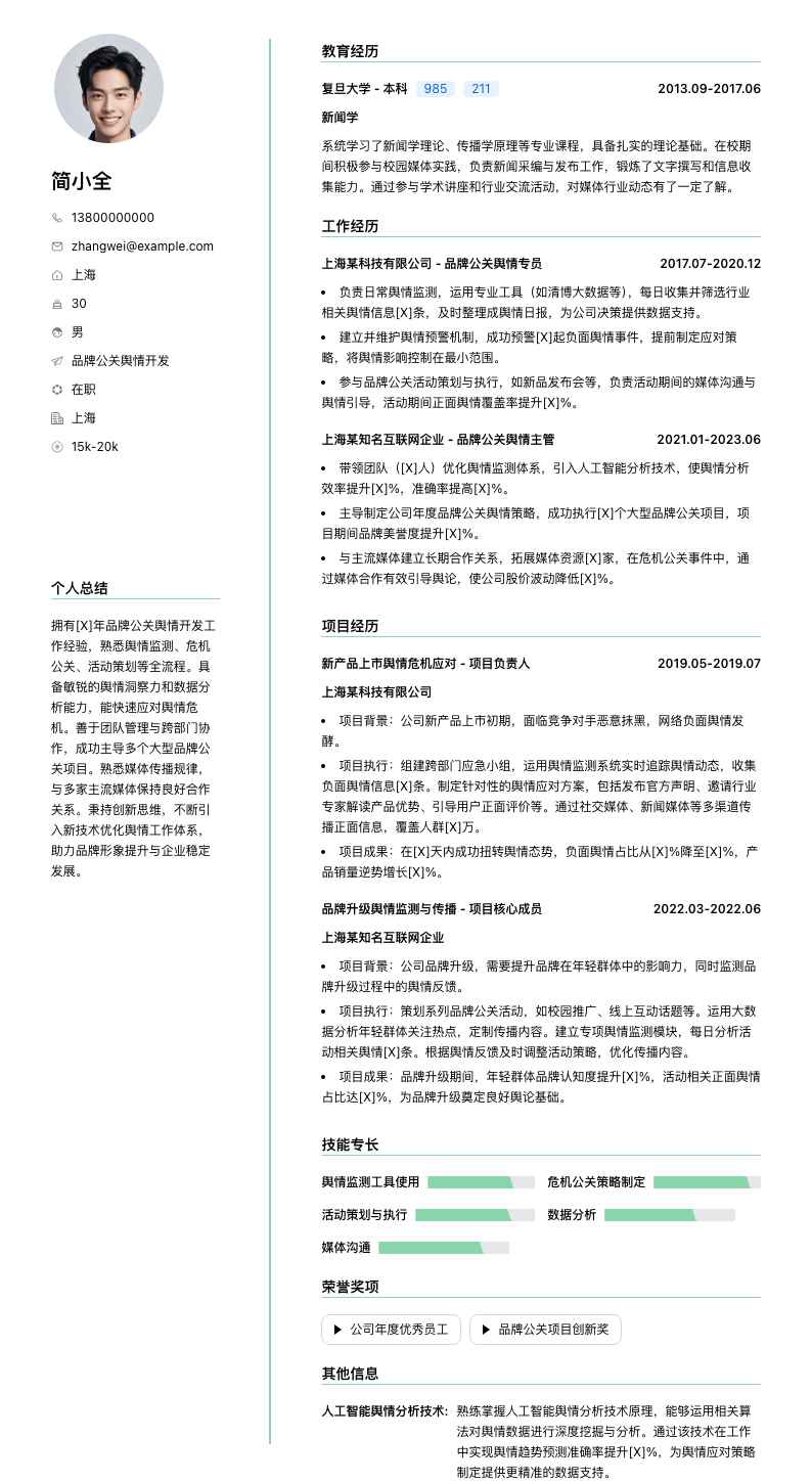 品牌公关舆情简历模板