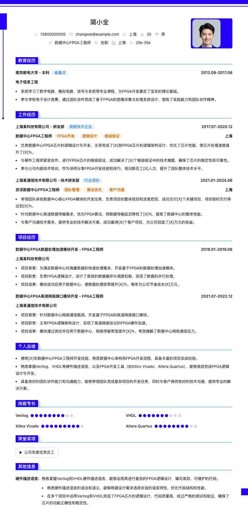 数据中心FPGA工程师简历模板