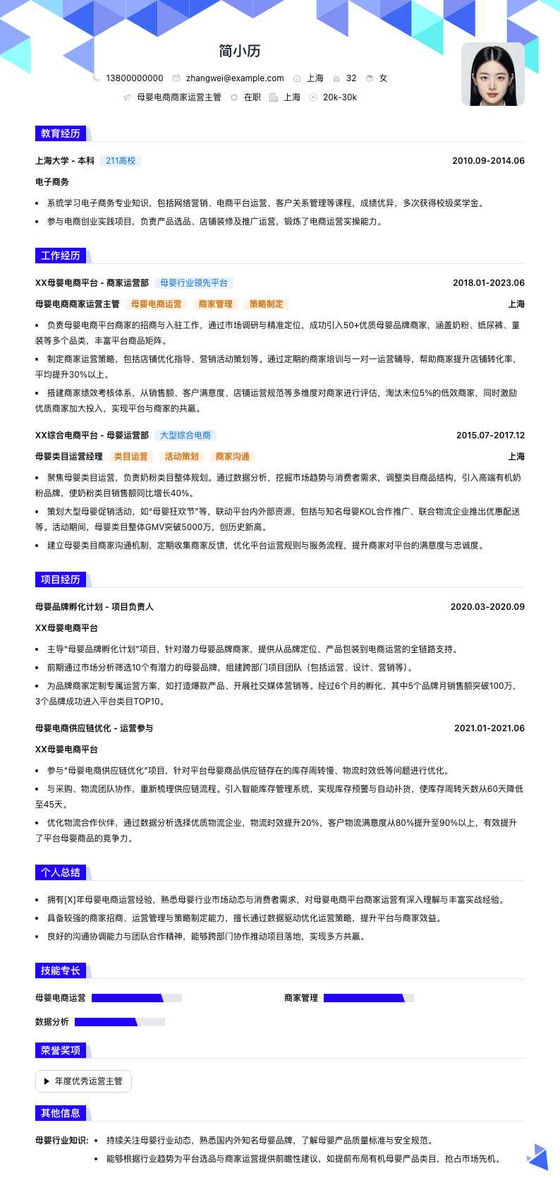 母婴电商商家运营主管简历模板