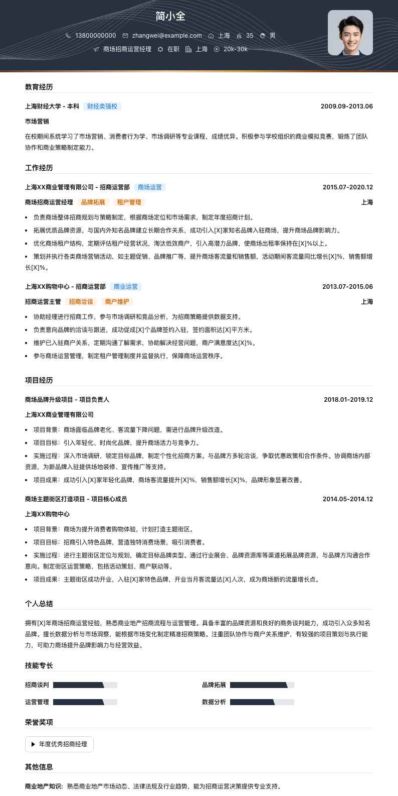 商场招商运营经理简历模板