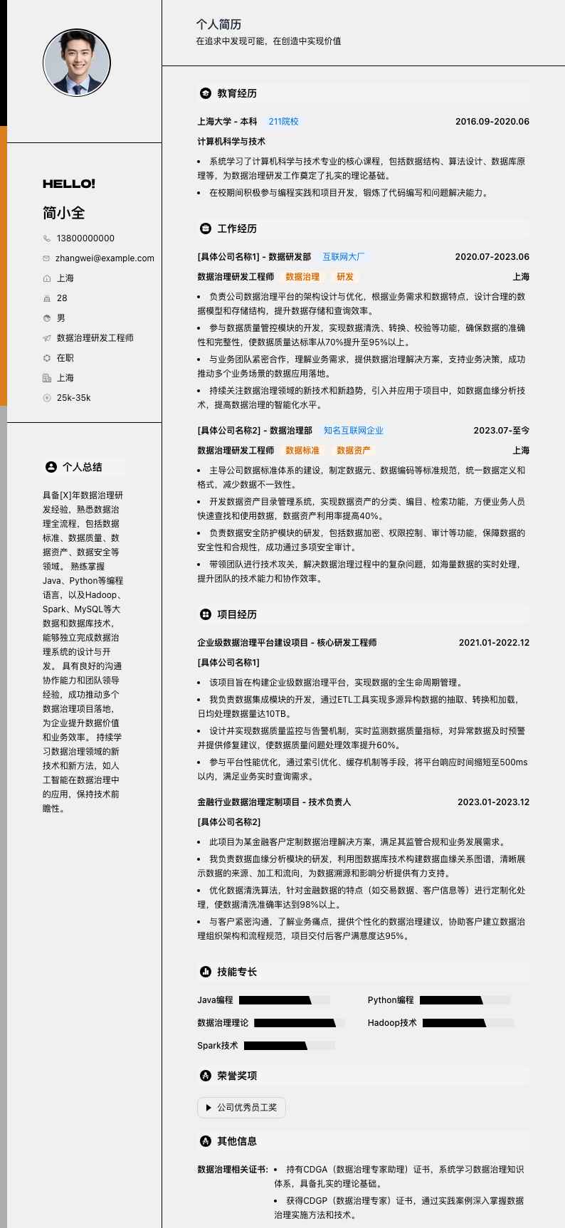 数据治理研发工程师简历模板