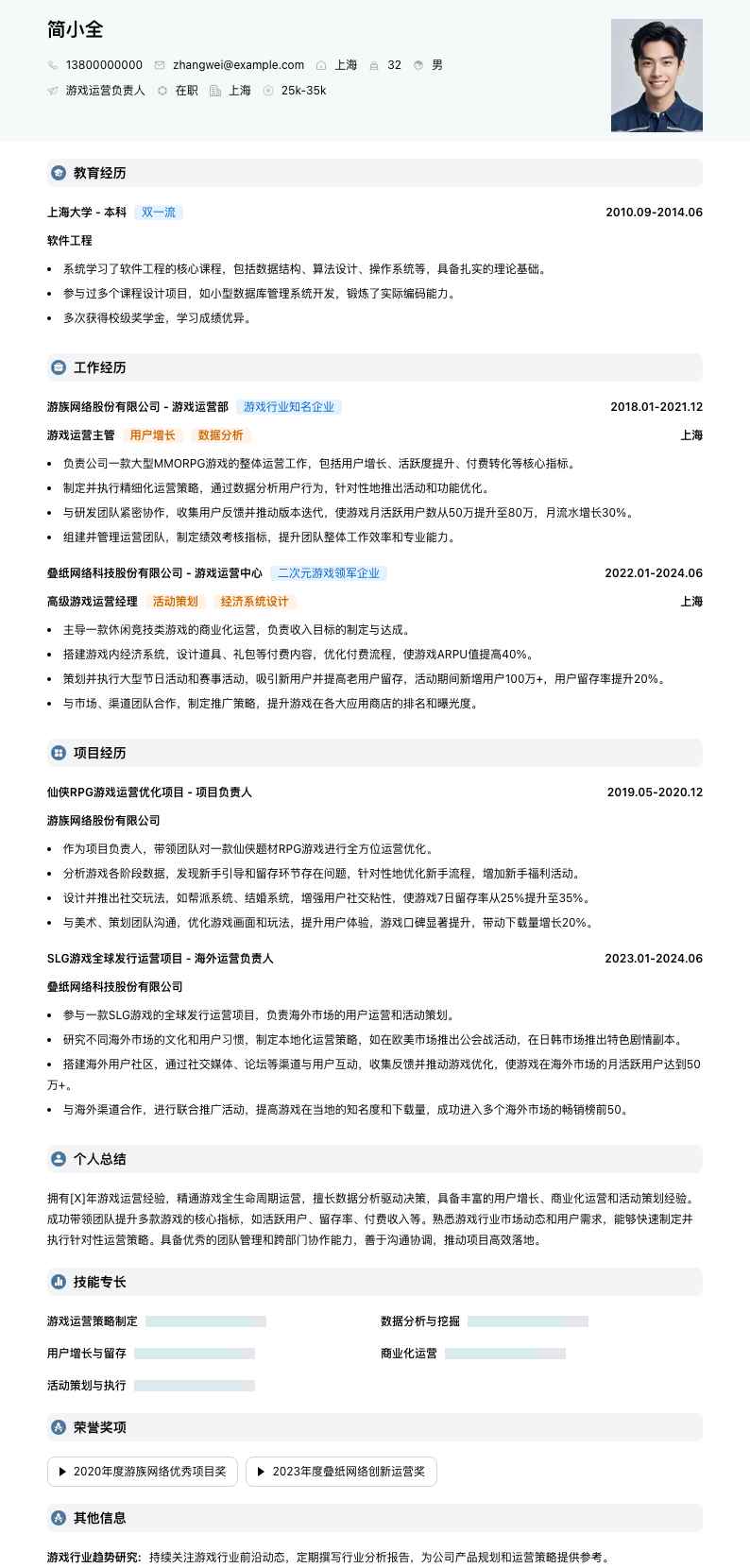 游戏运营负责人简历模板