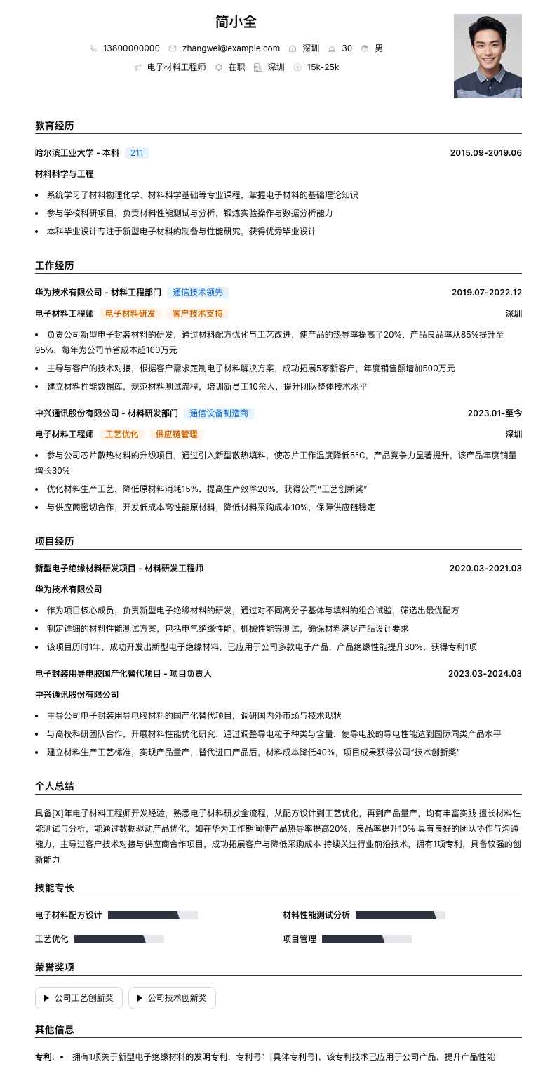 电子材料工程师简历模板