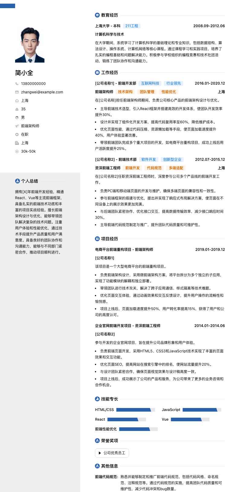 前端架构师简历模板