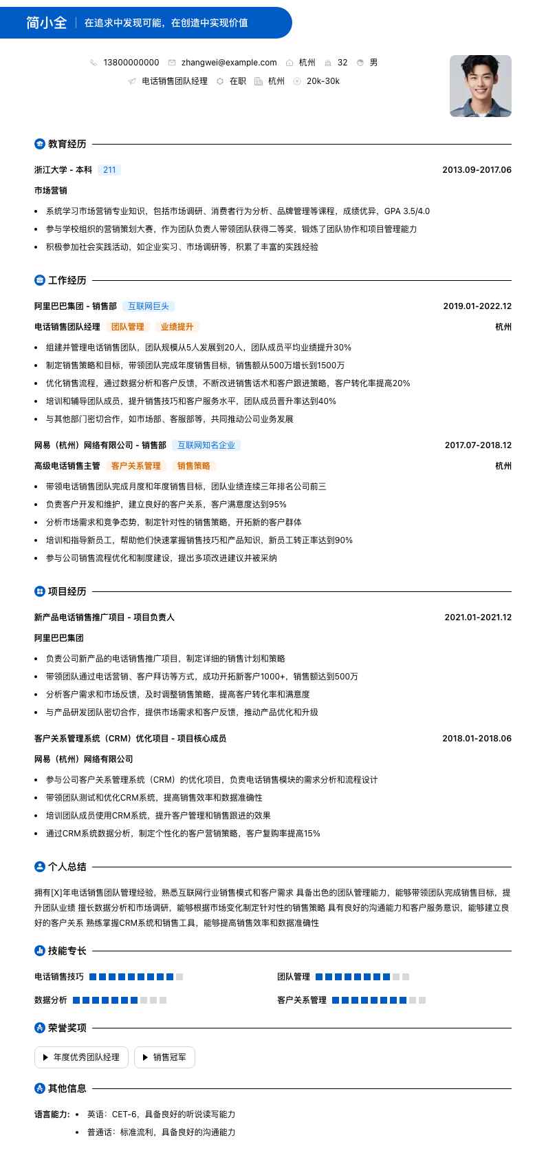 电话销售团队经理简历模板