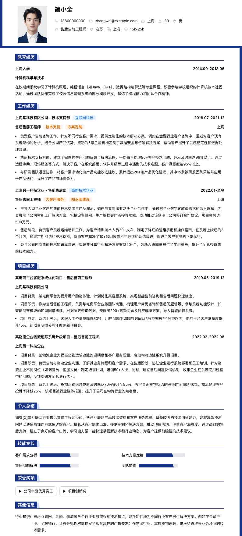 售后售前工程师简历模板