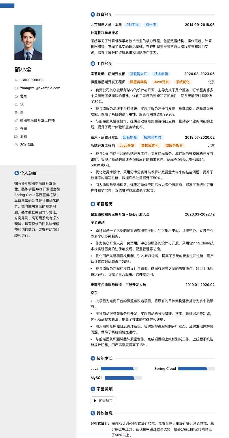 微服务后端开发工程师简历模板