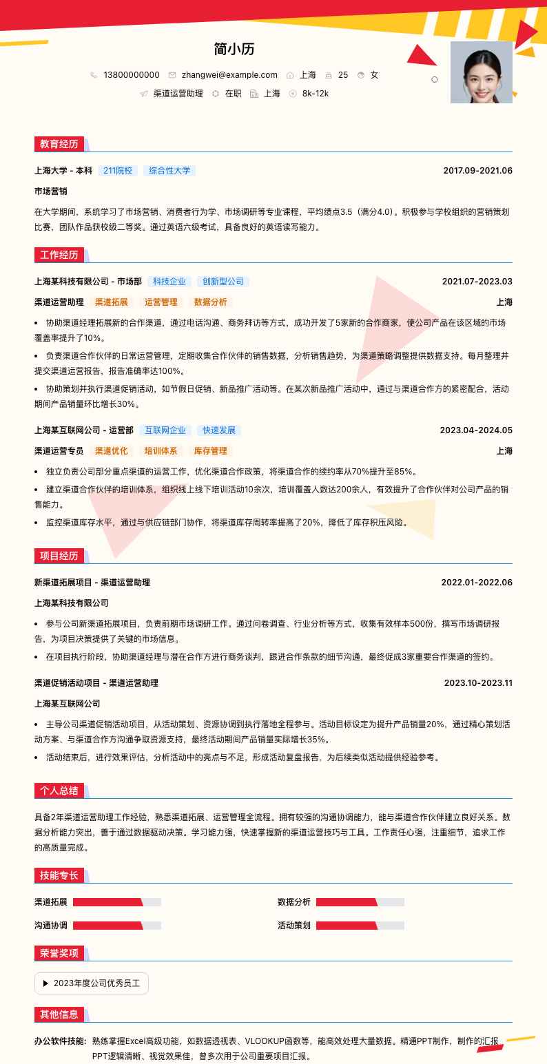 渠道运营助理简历模板