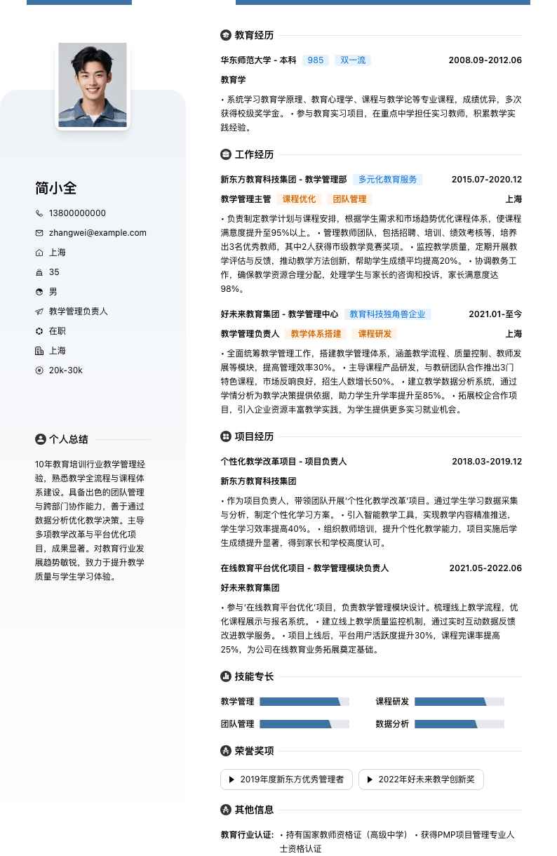 教学管理负责人简历模板