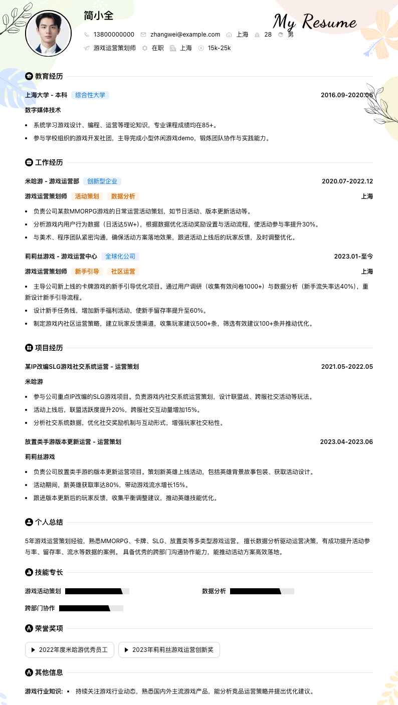 游戏运营策划师简历模板